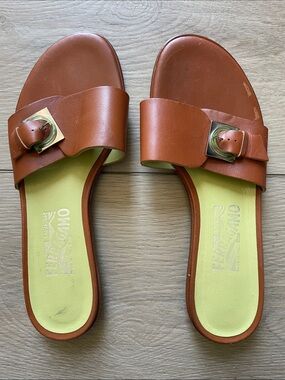 Vintage Salvatore Ferragamo Brown Leather Slide Sandals with Gold Buckle